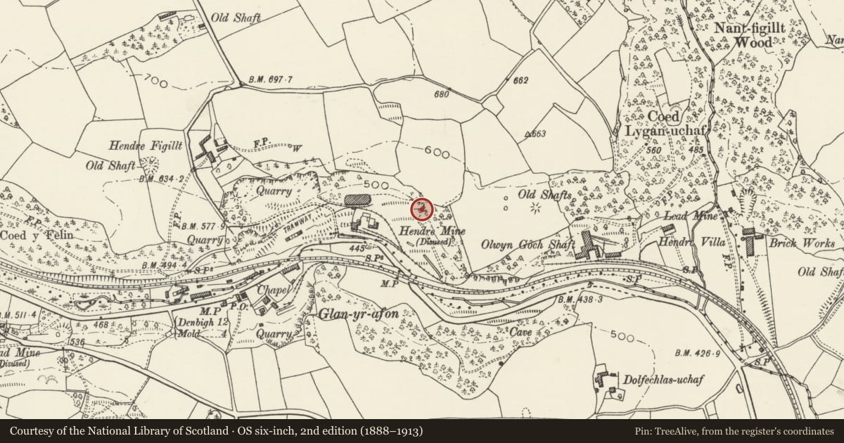 Ordnance Survey six-inch map, 2nd edition (1888–1913) covering the location of Engine House at Hendre, Cilcain, Flintshire, with a pin at the register's coordinates