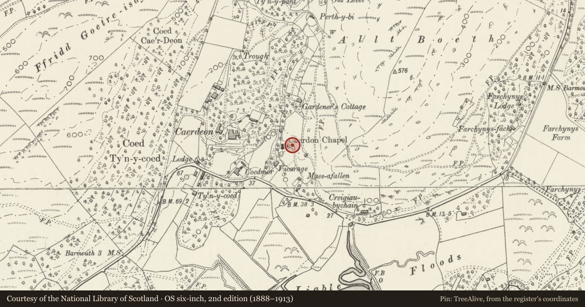 Ordnance Survey six-inch map, 2nd edition (1888–1913) covering the location of Lychgate at St Philips Church, Barmouth, Gwynedd, with a pin at the register's coordinates