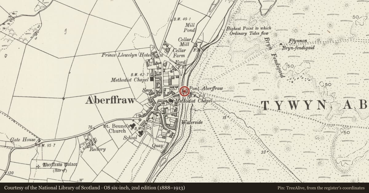 Ordnance Survey six-inch map, 2nd edition (1888–1913) covering the location of Pont Aberffraw, Isle of Anglesey, with a pin at the register's coordinates