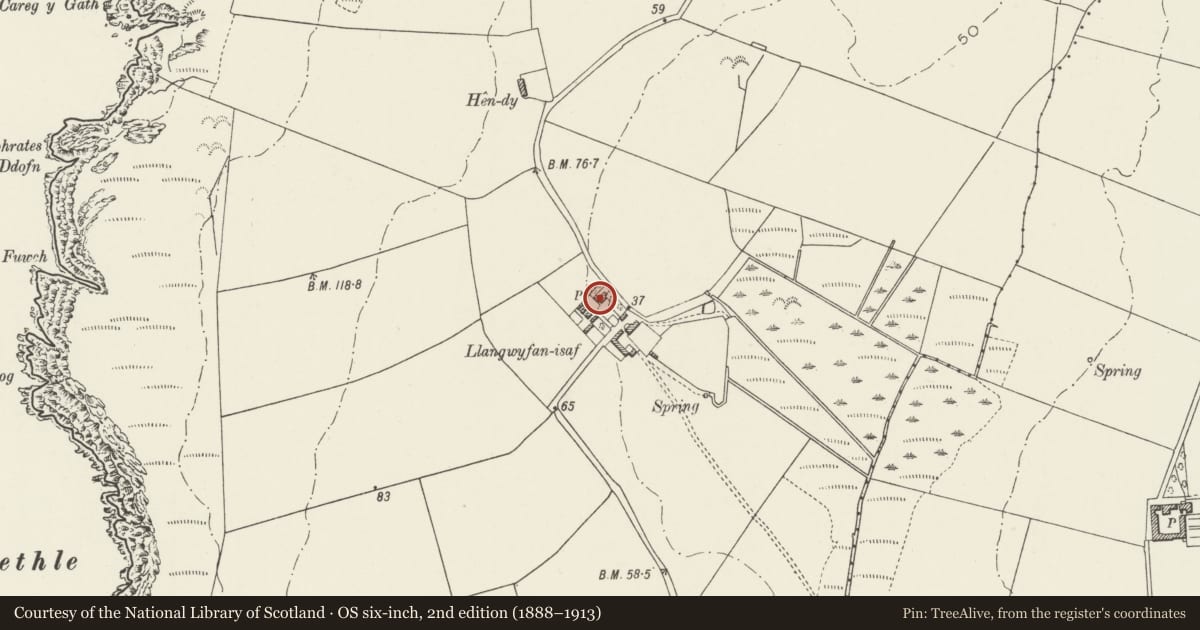 Ordnance Survey six-inch map, 2nd edition (1888–1913) covering the location of Llangwyfan-isaf, Aberffraw, Isle of Anglesey, with a pin at the register's coordinates