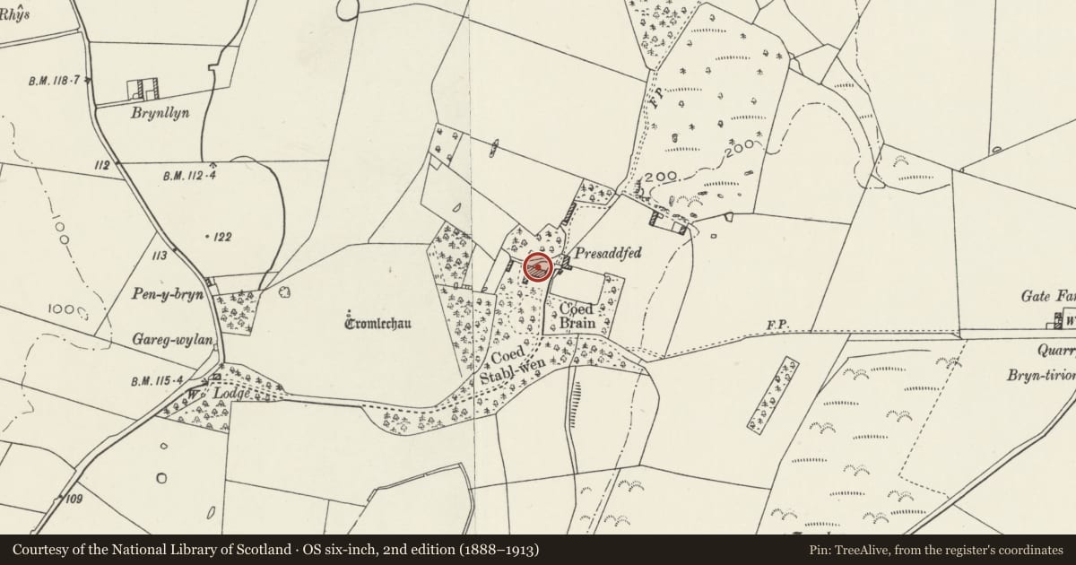 Ordnance Survey six-inch map, 2nd edition (1888–1913) covering the location of Presaddfed, Bodedern, Isle of Anglesey, with a pin at the register's coordinates