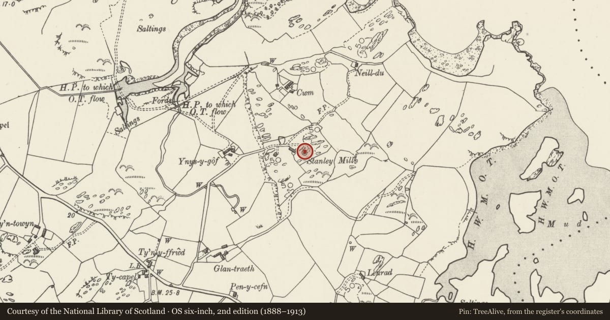 Ordnance Survey six-inch map, 2nd edition (1888–1913) covering the location of Melin y Gof aka Stanley Windmill, Trearddur, Isle of Anglesey, with a pin at the register's coordinates