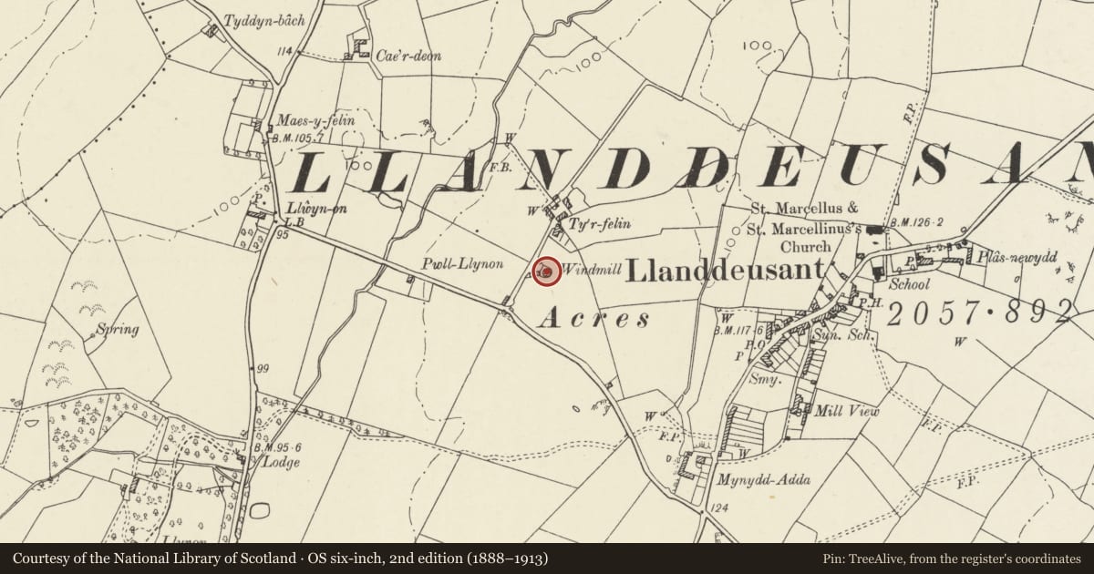 Ordnance Survey six-inch map, 2nd edition (1888–1913) covering the location of Melin Llynon, Tref Alaw, Isle of Anglesey, with a pin at the register's coordinates