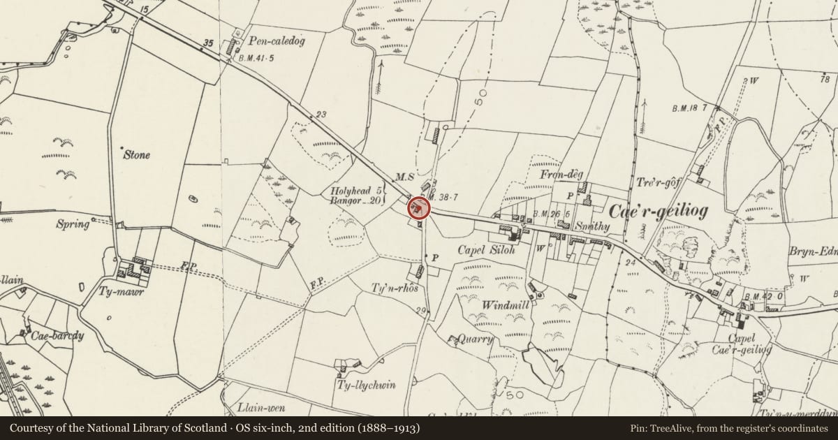 Ordnance Survey six-inch map, 2nd edition (1888–1913) covering the location of Caergeiliog Tollhouse, Llanfair-yn-Neubwll, Isle of Anglesey, with a pin at the register's coordinates