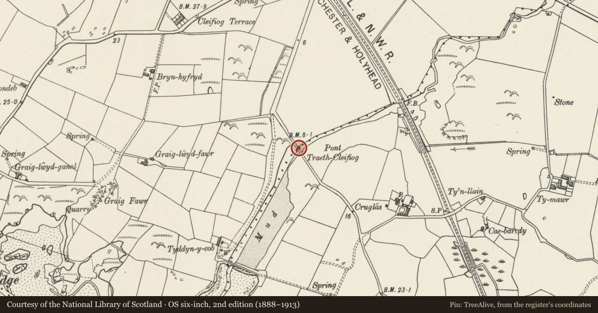 Ordnance Survey six-inch map, 2nd edition (1888–1913) covering the location of Pont Traeth Cleifiog (partly in Llanfair-yn-Neubwll Community), Valley, Isle of Anglesey, with a pin at the register's coordinates