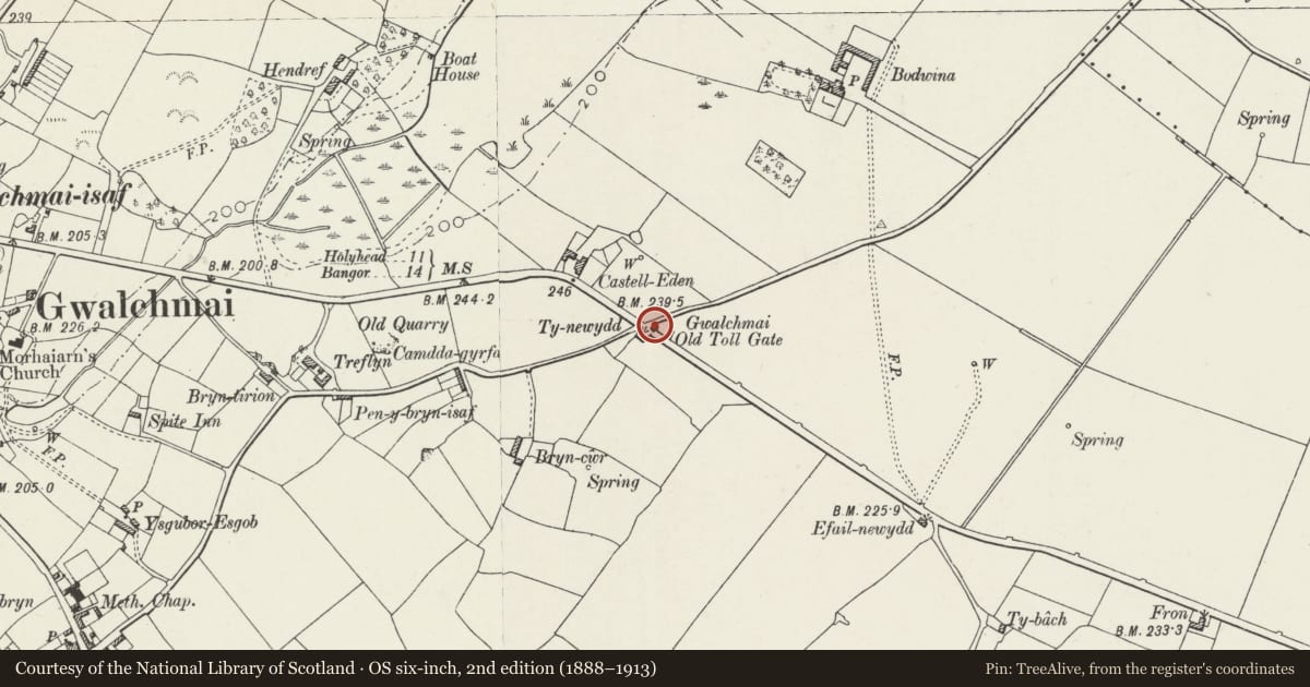 Ordnance Survey six-inch map, 2nd edition (1888–1913) covering the location of Gwalchmai Tollhouse, Trewalchmai, Isle of Anglesey, with a pin at the register's coordinates