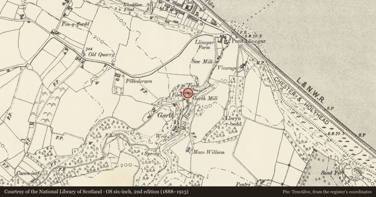 Ordnance Survey six-inch map, 2nd edition (1888–1913) covering the location of Garth Mill and Mill House, Llanasa, Flintshire, with a pin at the register's coordinates