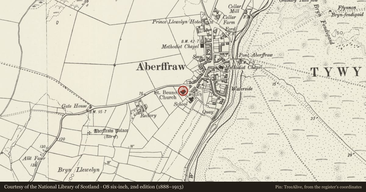 Ordnance Survey six-inch map, 2nd edition (1888–1913) covering the location of Church of St. Beuno, Aberffraw, Isle of Anglesey, with a pin at the register's coordinates
