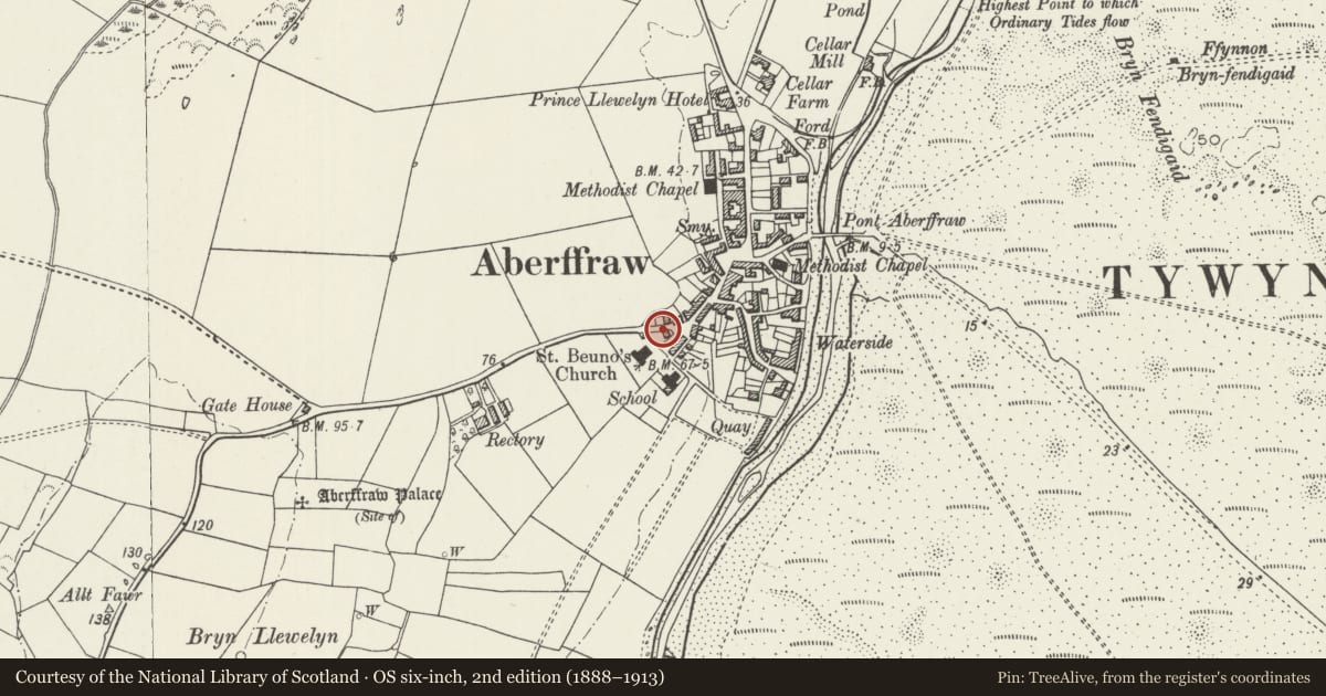 Ordnance Survey six-inch map, 2nd edition (1888–1913) covering the location of Pendref, Aberffraw, Isle of Anglesey, with a pin at the register's coordinates
