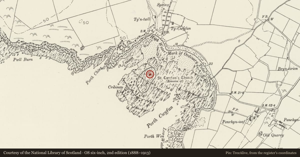 Ordnance Survey six-inch map, 2nd edition (1888–1913) covering the location of Church of St. Cwyfan, Aberffraw, Isle of Anglesey, with a pin at the register's coordinates