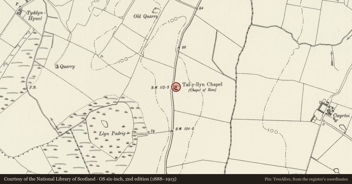 Ordnance Survey six-inch map, 2nd edition (1888–1913) covering the location of Chapel of St. Mary (Tal-y-llyn) and churchyard walls, Aberffraw, Isle of Anglesey, with a pin at the register's coordinates