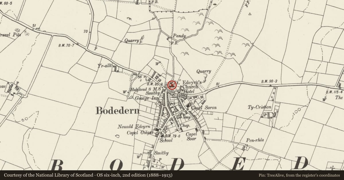 Ordnance Survey six-inch map, 2nd edition (1888–1913) covering the location of Church of St. Edeyrn, Bodedern, Isle of Anglesey, with a pin at the register's coordinates