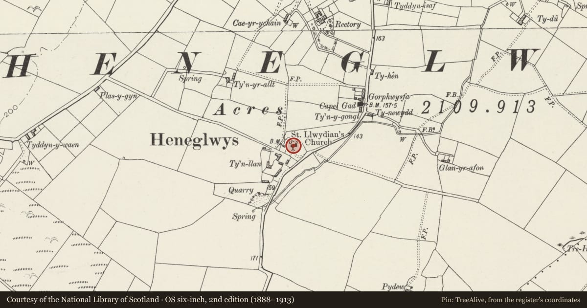 Ordnance Survey six-inch map, 2nd edition (1888–1913) covering the location of Church of St Llwydian, Bodffordd, Isle of Anglesey, with a pin at the register's coordinates
