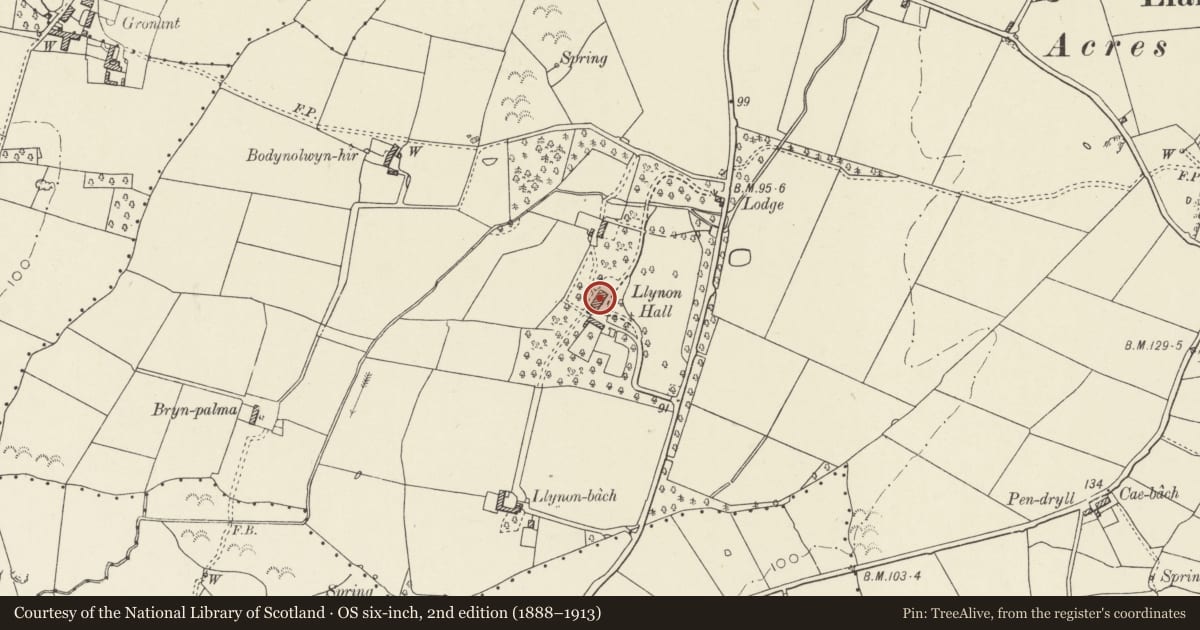 Ordnance Survey six-inch map, 2nd edition (1888–1913) covering the location of Llynon Hall, Tref Alaw, Isle of Anglesey, with a pin at the register's coordinates