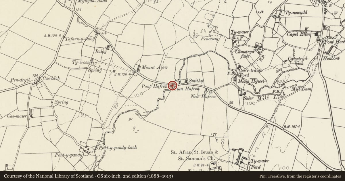 Ordnance Survey six-inch map, 2nd edition (1888–1913) covering the location of Pont Hafren, Tref Alaw, Isle of Anglesey, with a pin at the register's coordinates