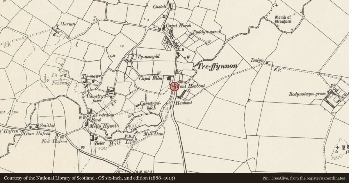 Ordnance Survey six-inch map, 2nd edition (1888–1913) covering the location of Pont Henbont, Tref Alaw, Isle of Anglesey, with a pin at the register's coordinates