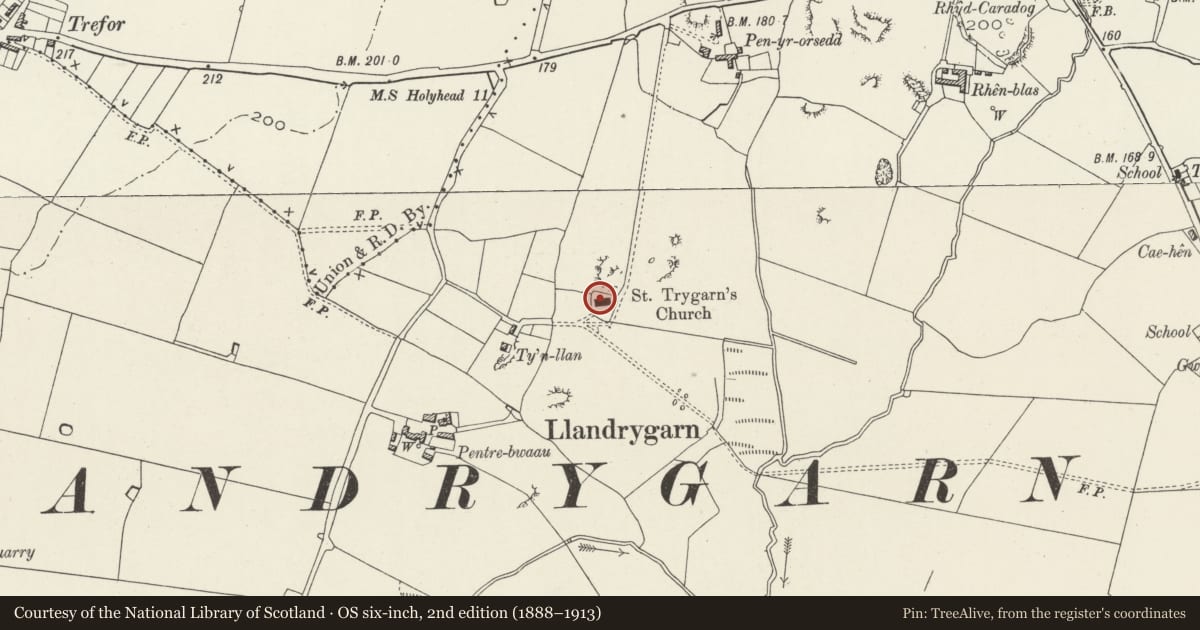 Ordnance Survey six-inch map, 2nd edition (1888–1913) covering the location of Church of St Trygarn, Bodffordd, Isle of Anglesey, with a pin at the register's coordinates