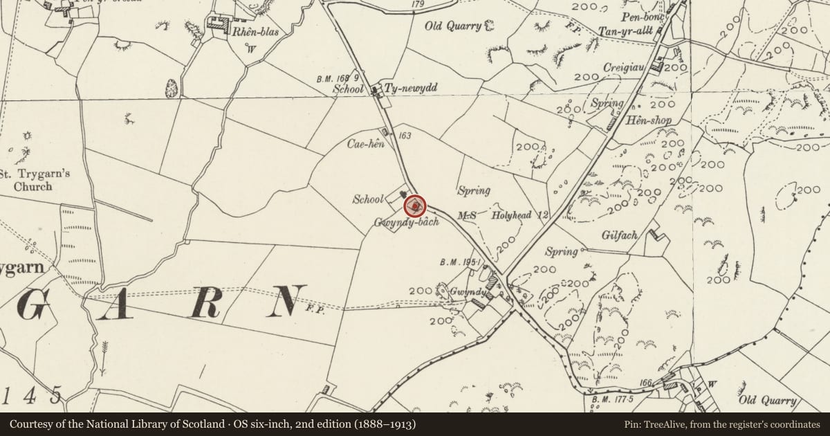 Ordnance Survey six-inch map, 2nd edition (1888–1913) covering the location of Gwyndy Bach, Bodffordd, Isle of Anglesey, with a pin at the register's coordinates