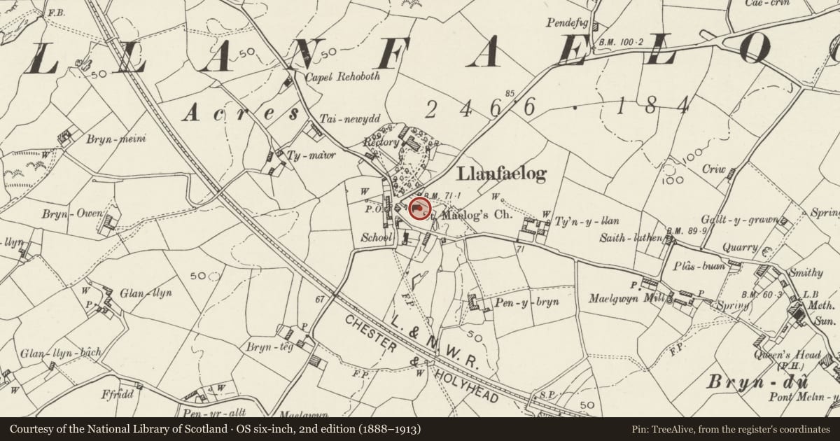 Ordnance Survey six-inch map, 2nd edition (1888–1913) covering the location of Church of St. Maelog, Llanfaelog, Isle of Anglesey, with a pin at the register's coordinates