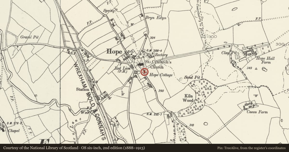 Ordnance Survey six-inch map, 2nd edition (1888–1913) covering the location of Hope Cottage, Flintshire, with a pin at the register's coordinates