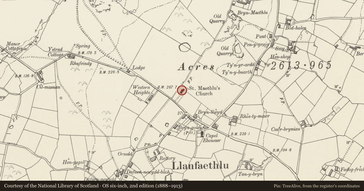 Ordnance Survey six-inch map, 2nd edition (1888–1913) covering the location of Church of St Maethlu, Llanfaethlu, Isle of Anglesey, with a pin at the register's coordinates
