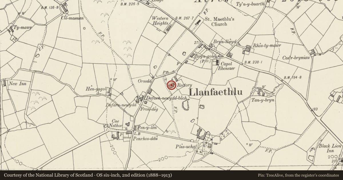 Ordnance Survey six-inch map, 2nd edition (1888–1913) covering the location of The Rectory, also known as Tanyffynnon, Llanfaethlu, Isle of Anglesey, with a pin at the register's coordinates