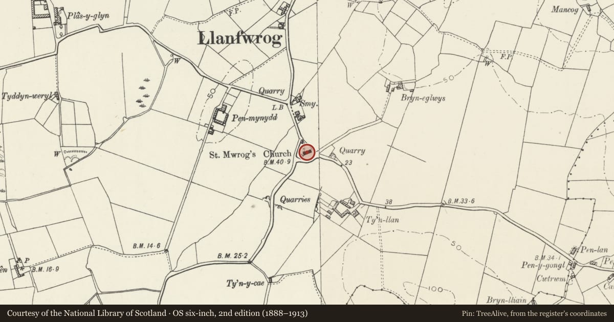 Ordnance Survey six-inch map, 2nd edition (1888–1913) covering the location of Church of St Mwrog, Llanfaethlu, Isle of Anglesey, with a pin at the register's coordinates