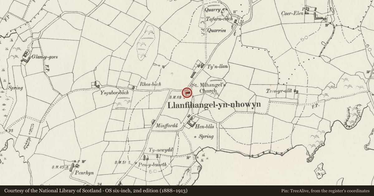 Ordnance Survey six-inch map, 2nd edition (1888–1913) covering the location of Church of St Mihangel, Llanfair-yn-Neubwll, Isle of Anglesey, with a pin at the register's coordinates