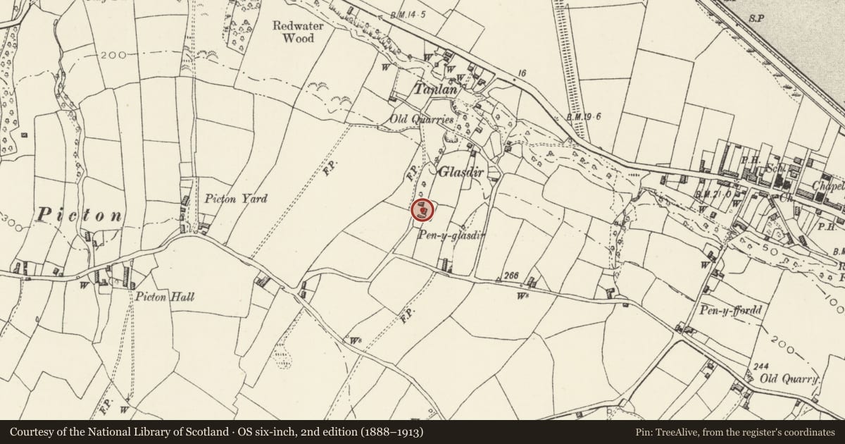 Ordnance Survey six-inch map, 2nd edition (1888–1913) covering the location of Pen-y-Glasdir, Llanasa, Flintshire, with a pin at the register's coordinates