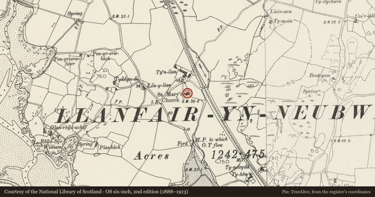 Ordnance Survey six-inch map, 2nd edition (1888–1913) covering the location of Church of St Mary, Llanfair-yn-Neubwll, Isle of Anglesey, with a pin at the register's coordinates