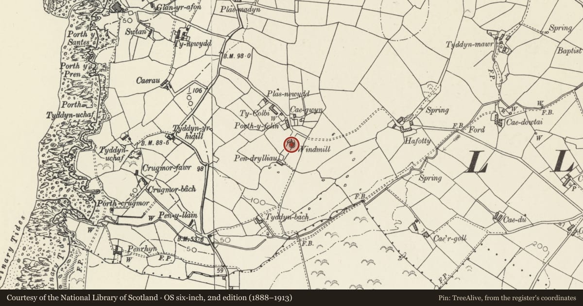 Ordnance Survey six-inch map, 2nd edition (1888–1913) covering the location of Melin Drylliau, Cylch-y-Garn, Isle of Anglesey, with a pin at the register's coordinates
