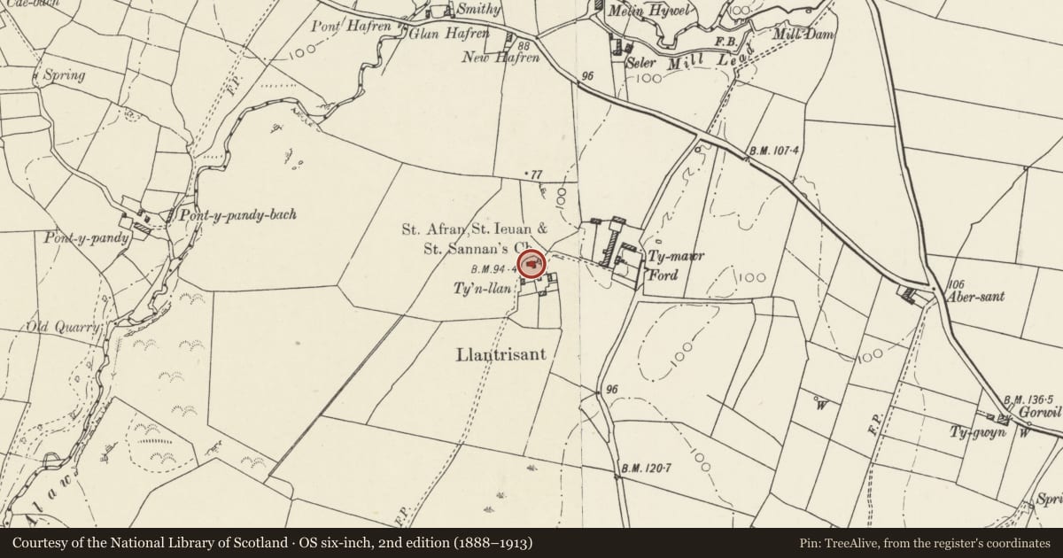 Ordnance Survey six-inch map, 2nd edition (1888–1913) covering the location of Church of St Afran, St Ieuan and St Sannan, Tref Alaw, Isle of Anglesey, with a pin at the register's coordinates