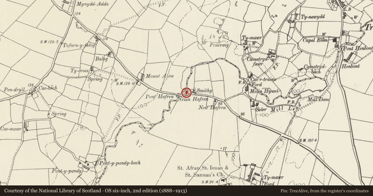 Ordnance Survey six-inch map, 2nd edition (1888–1913) covering the location of Glan Hafren, Tref Alaw, Isle of Anglesey, with a pin at the register's coordinates