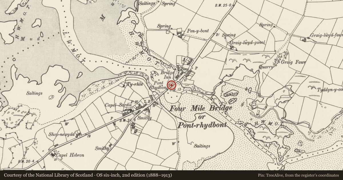 Ordnance Survey six-inch map, 2nd edition (1888–1913) covering the location of Pont-Rhydbont, or Four-Mile Bridge, Valley, Isle of Anglesey, with a pin at the register's coordinates