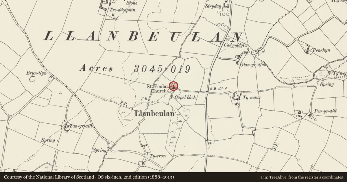 Ordnance Survey six-inch map, 2nd edition (1888–1913) covering the location of Church of St. Peulan, Bryngwran, Isle of Anglesey, with a pin at the register's coordinates