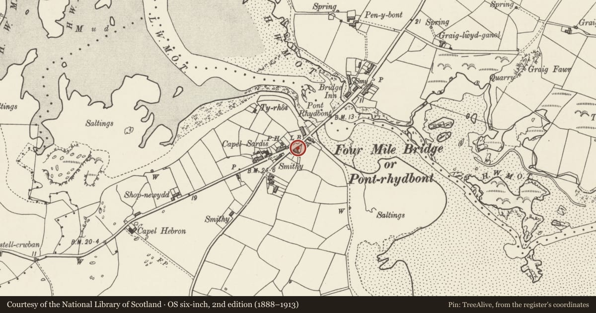 Ordnance Survey six-inch map, 2nd edition (1888–1913) covering the location of Ty'r Allt, Rhoscolyn, Isle of Anglesey, with a pin at the register's coordinates