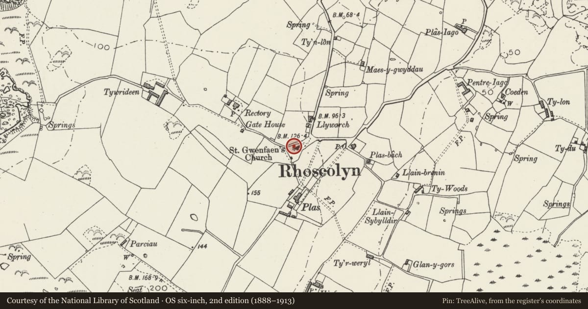 Ordnance Survey six-inch map, 2nd edition (1888–1913) covering the location of Church of St. Gwenfaen, Rhoscolyn, Isle of Anglesey, with a pin at the register's coordinates