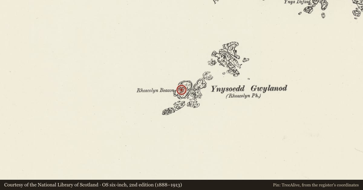 Ordnance Survey six-inch map, 2nd edition (1888–1913) covering the location of Rhoscolyn Beacon, Isle of Anglesey, with a pin at the register's coordinates