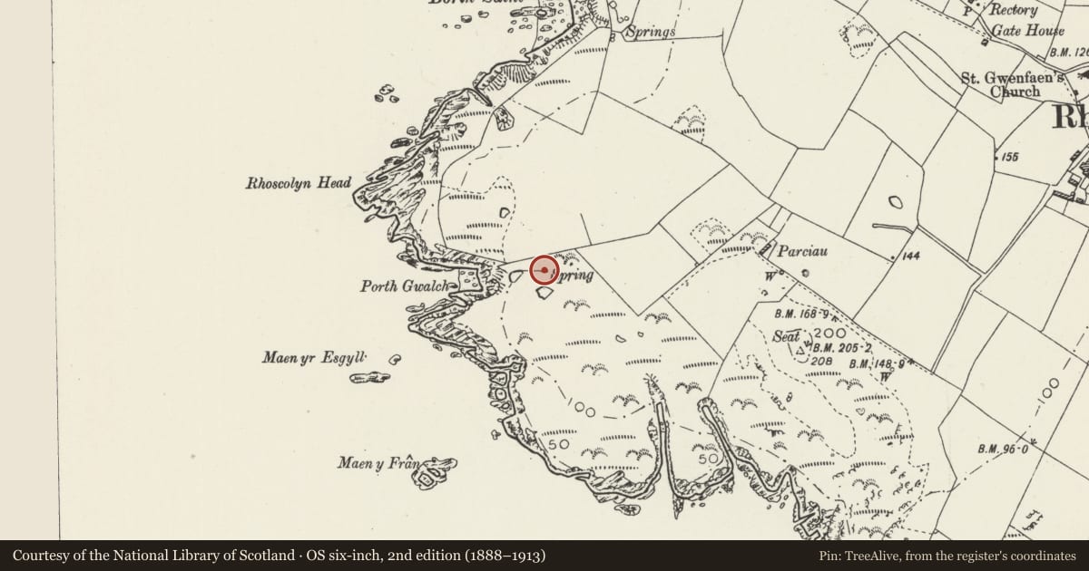 Ordnance Survey six-inch map, 2nd edition (1888–1913) covering the location of Ffynnon Gwenfai, Rhoscolyn, Isle of Anglesey, with a pin at the register's coordinates