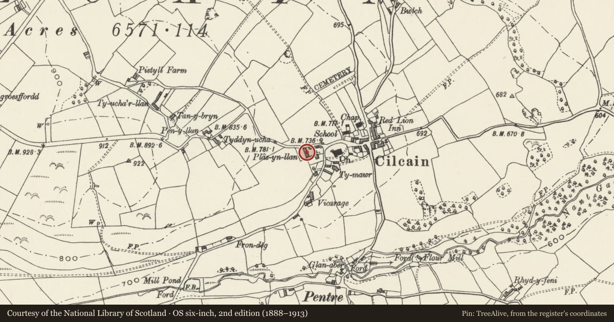 Ordnance Survey six-inch map, 2nd edition (1888–1913) covering the location of Barn at Plas-yn-Llan, Cilcain, Flintshire, with a pin at the register's coordinates