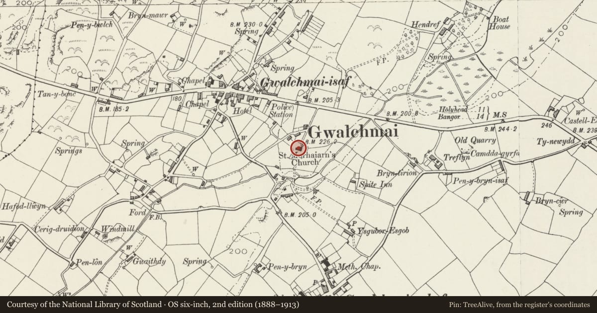 Ordnance Survey six-inch map, 2nd edition (1888–1913) covering the location of Church of St. Morhaiarn, Trewalchmai, Isle of Anglesey, with a pin at the register's coordinates