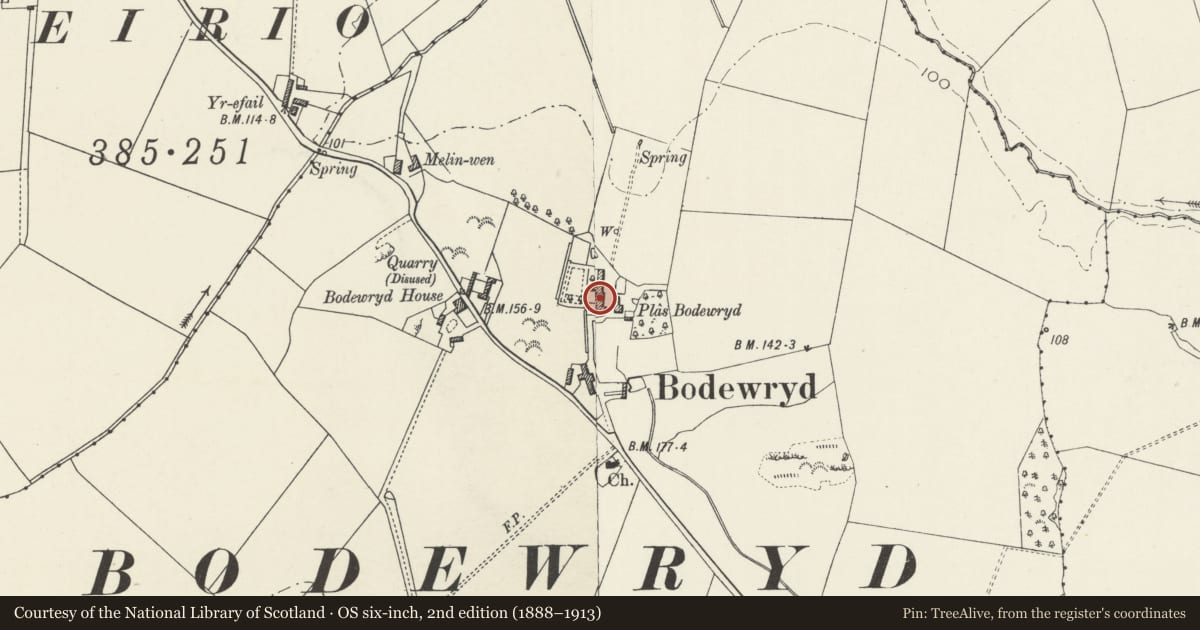 Ordnance Survey six-inch map, 2nd edition (1888–1913) covering the location of Plas Bodewryd, Mechell, Isle of Anglesey, with a pin at the register's coordinates