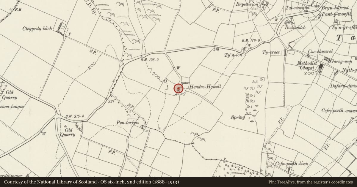 Ordnance Survey six-inch map, 2nd edition (1888–1913) covering the location of Hendre Howell, Llanddyfnan, Isle of Anglesey, with a pin at the register's coordinates