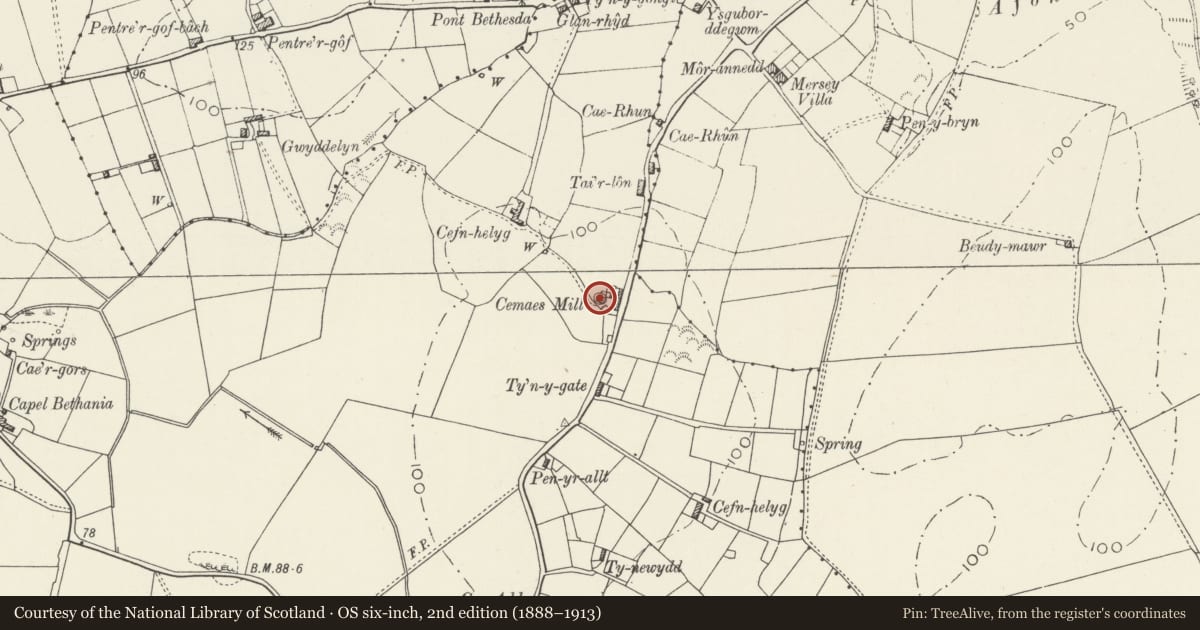 Ordnance Survey six-inch map, 2nd edition (1888–1913) covering the location of Cemaes Mill, Llanbadrig, Isle of Anglesey, with a pin at the register's coordinates