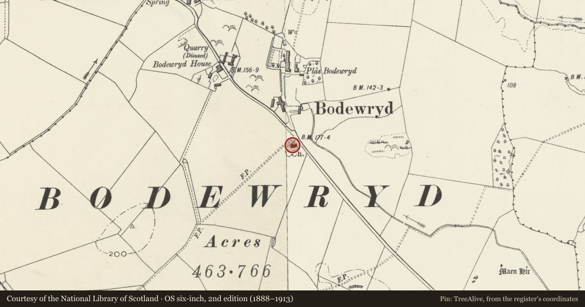 Ordnance Survey six-inch map, 2nd edition (1888–1913) covering the location of Church of St Mary, Mechell, Isle of Anglesey, with a pin at the register's coordinates