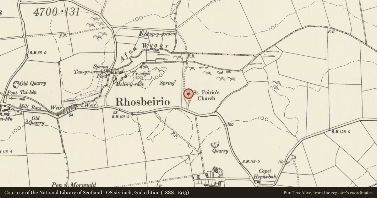 Ordnance Survey six-inch map, 2nd edition (1888–1913) covering the location of Church of St Peirio, Mechell, Isle of Anglesey, with a pin at the register's coordinates