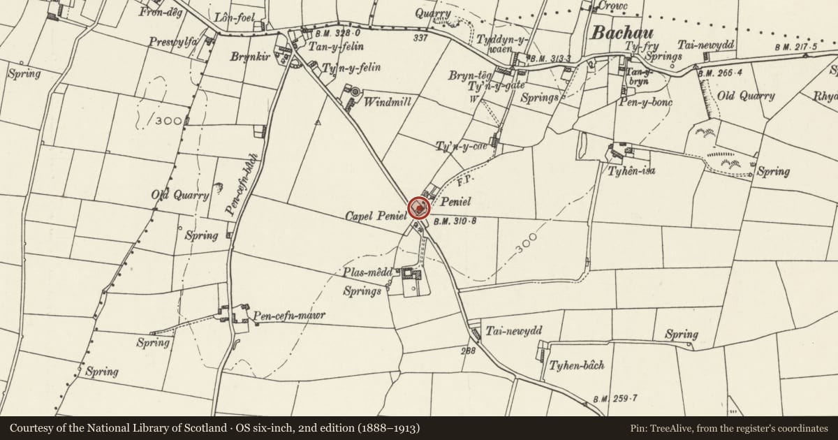 Ordnance Survey six-inch map, 2nd edition (1888–1913) covering the location of Capel Peniel and chapel house, Llannerch-y-Medd, Isle of Anglesey, with a pin at the register's coordinates