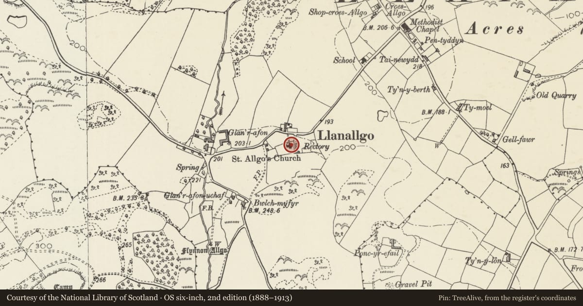 Ordnance Survey six-inch map, 2nd edition (1888–1913) covering the location of Church of St Allgo, Moelfre, Isle of Anglesey, with a pin at the register's coordinates