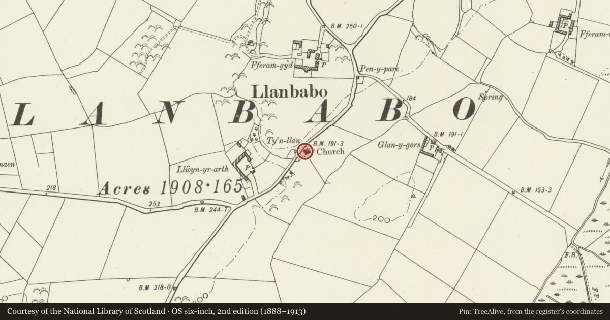 Ordnance Survey six-inch map, 2nd edition (1888–1913) covering the location of Church of St Pabo, Tref Alaw, Isle of Anglesey, with a pin at the register's coordinates