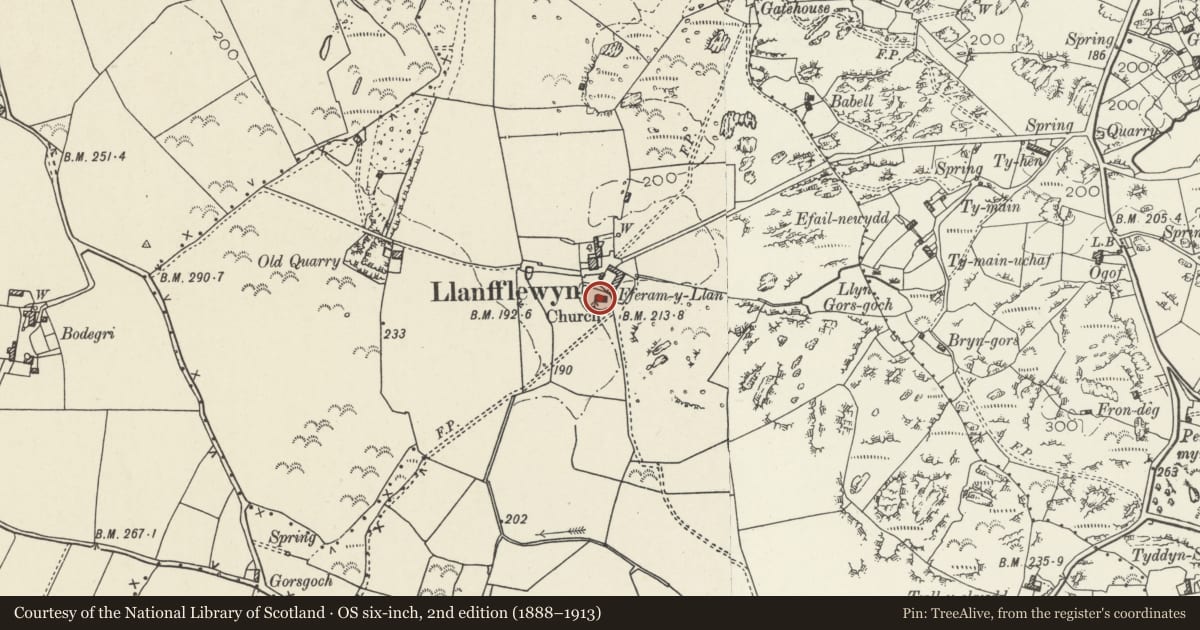 Ordnance Survey six-inch map, 2nd edition (1888–1913) covering the location of Church of St Fflewyn, Mechell, Isle of Anglesey, with a pin at the register's coordinates